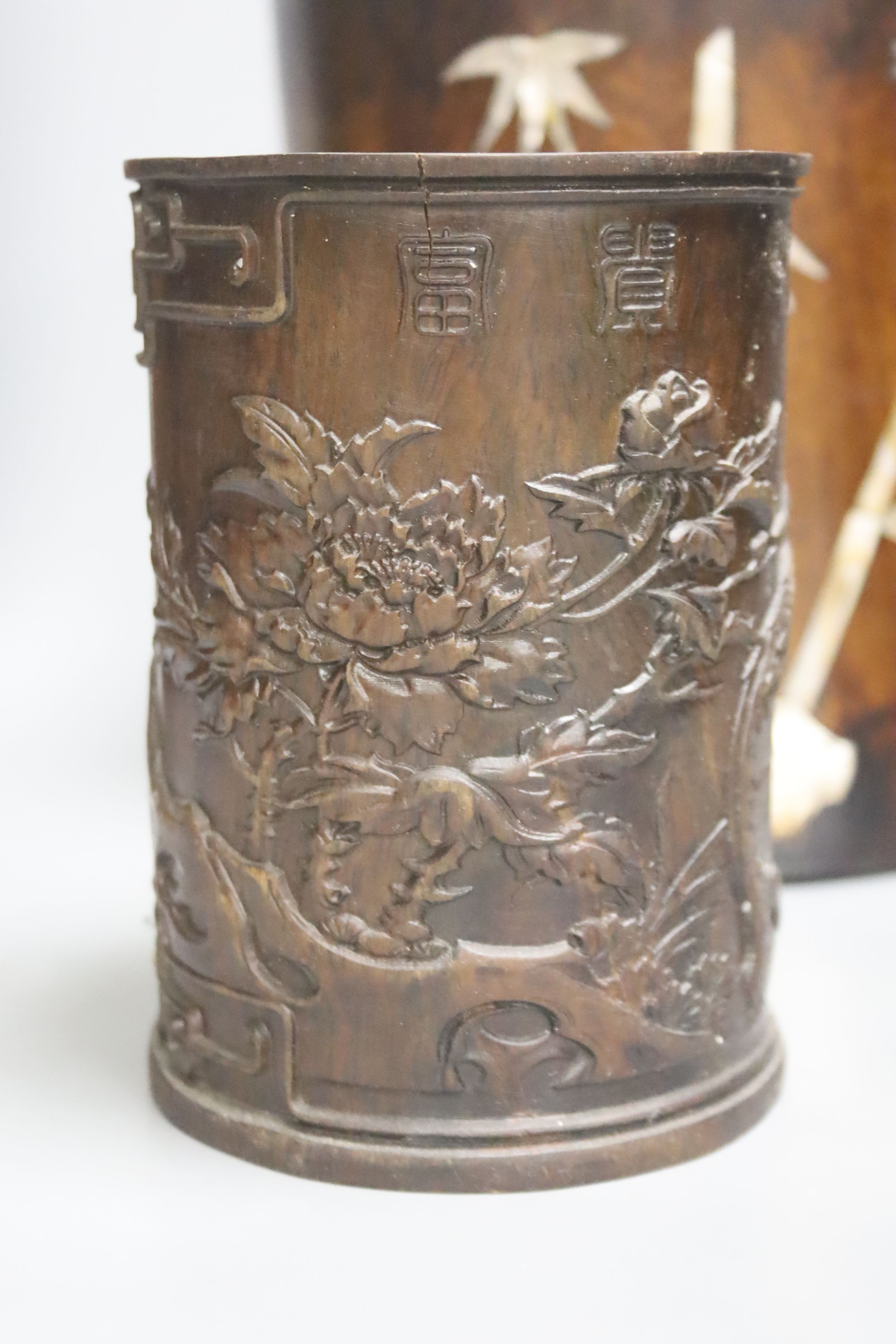 A large Chinese cylindrical wood box inlaid with mother of pearl and three Bitong / brush pots, tallest 31cm, the largest inlaid with mother of pearl, 20cm diameter
